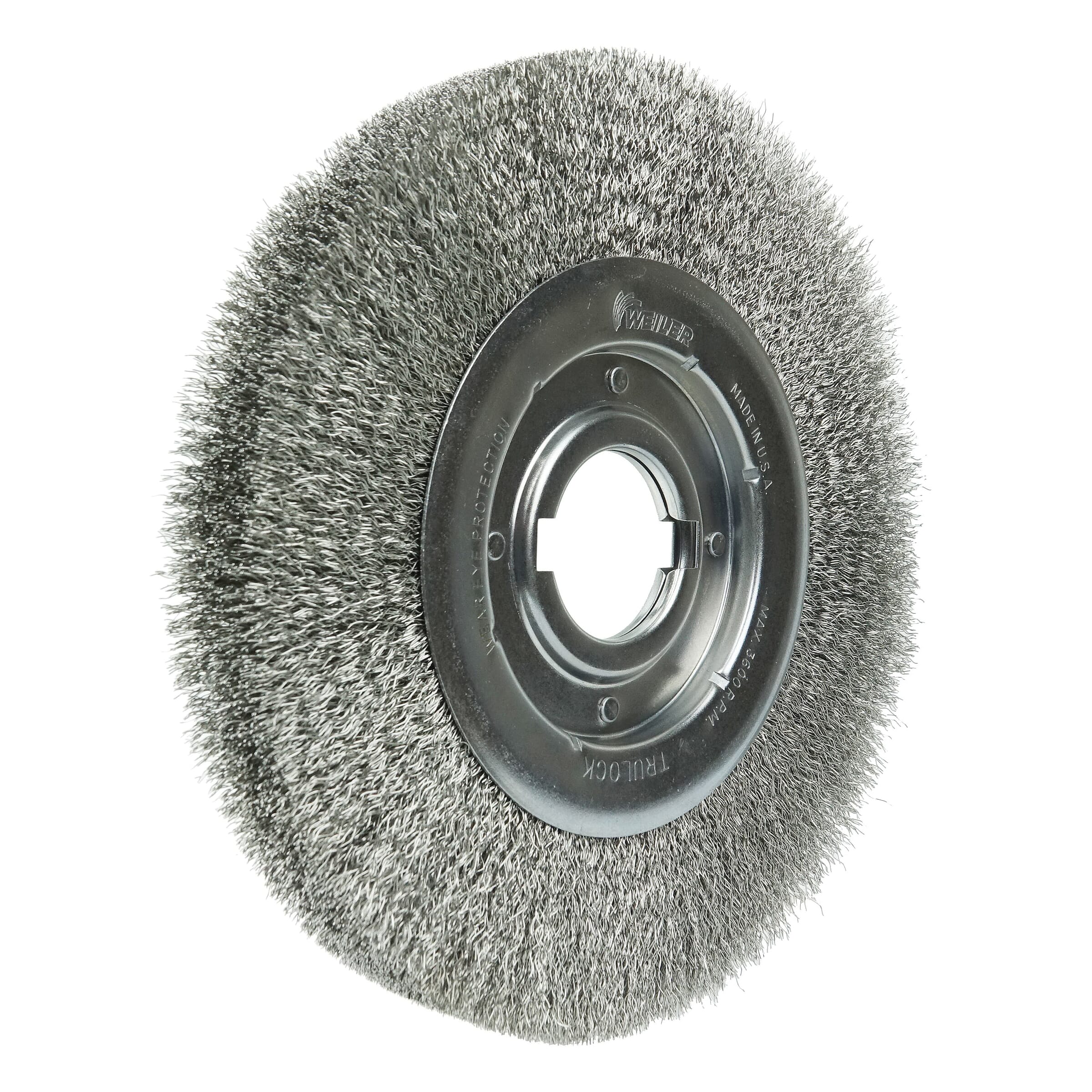 Weiler® 06530 Medium Face Wheel Brush, 10 in Dia Brush, 1-1/8 in W Face, 0.0118 in Dia Crimped Filament/Wire, 2 in Arbor Hole